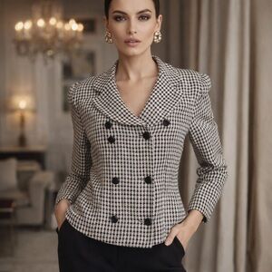 Giorgio Armani Off White Black Houndstooth Double Breasted Blazer Jacket Size 8